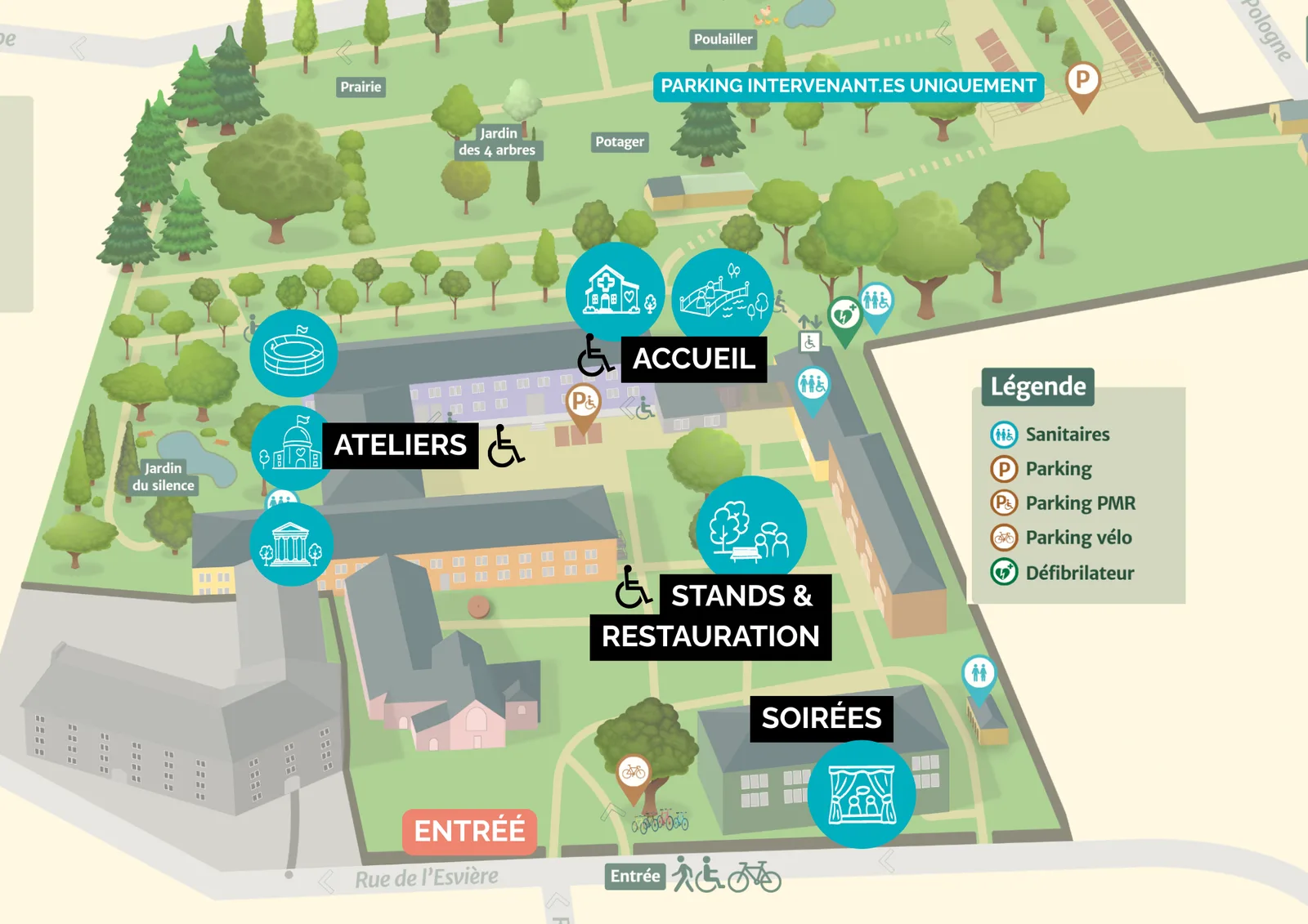 Plan illustré du Tiers Lieu de l'Esvière (entrée, parkings, sanitaires, salles)